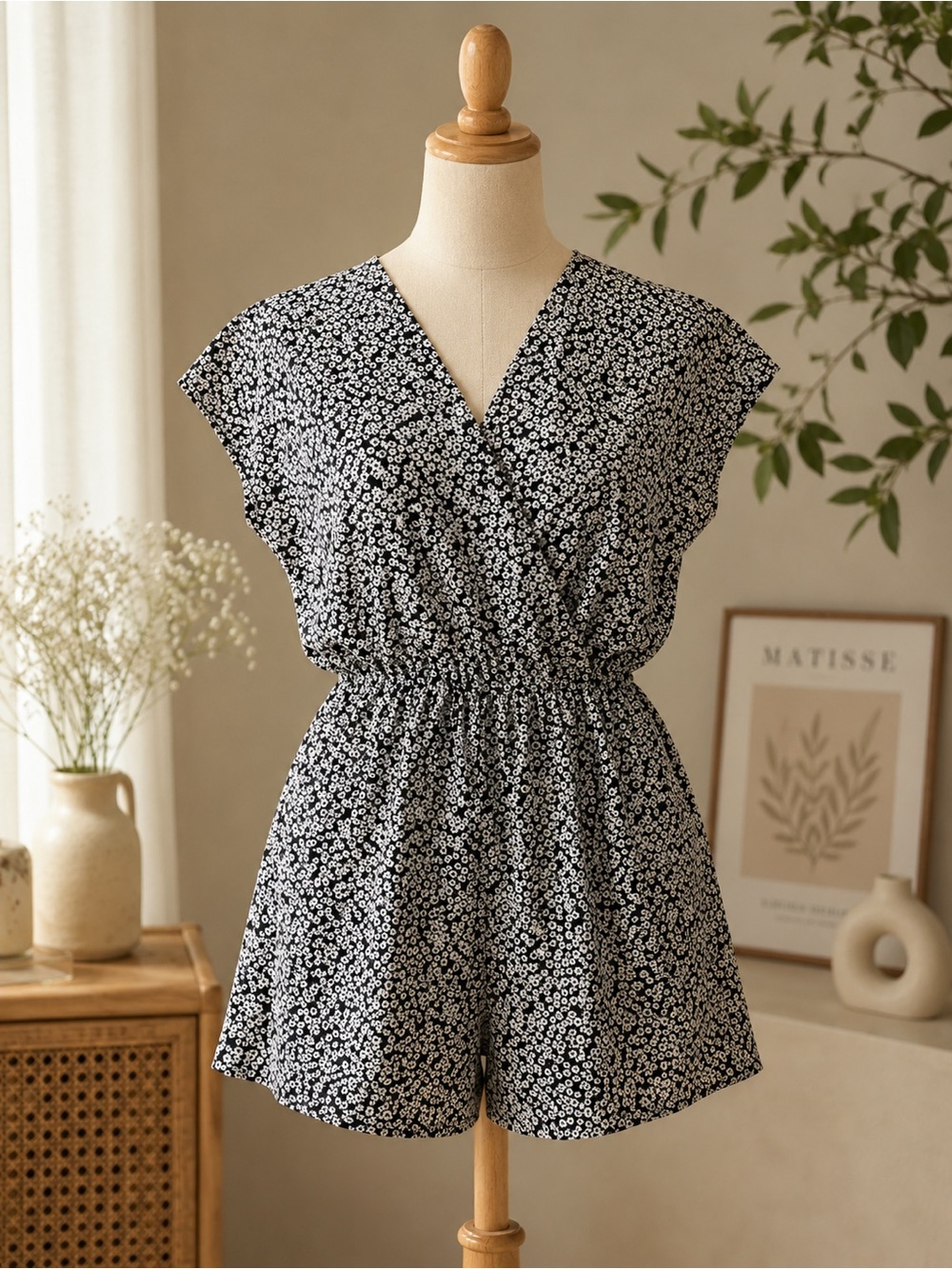 Uniqlo Black and White Floral Romper